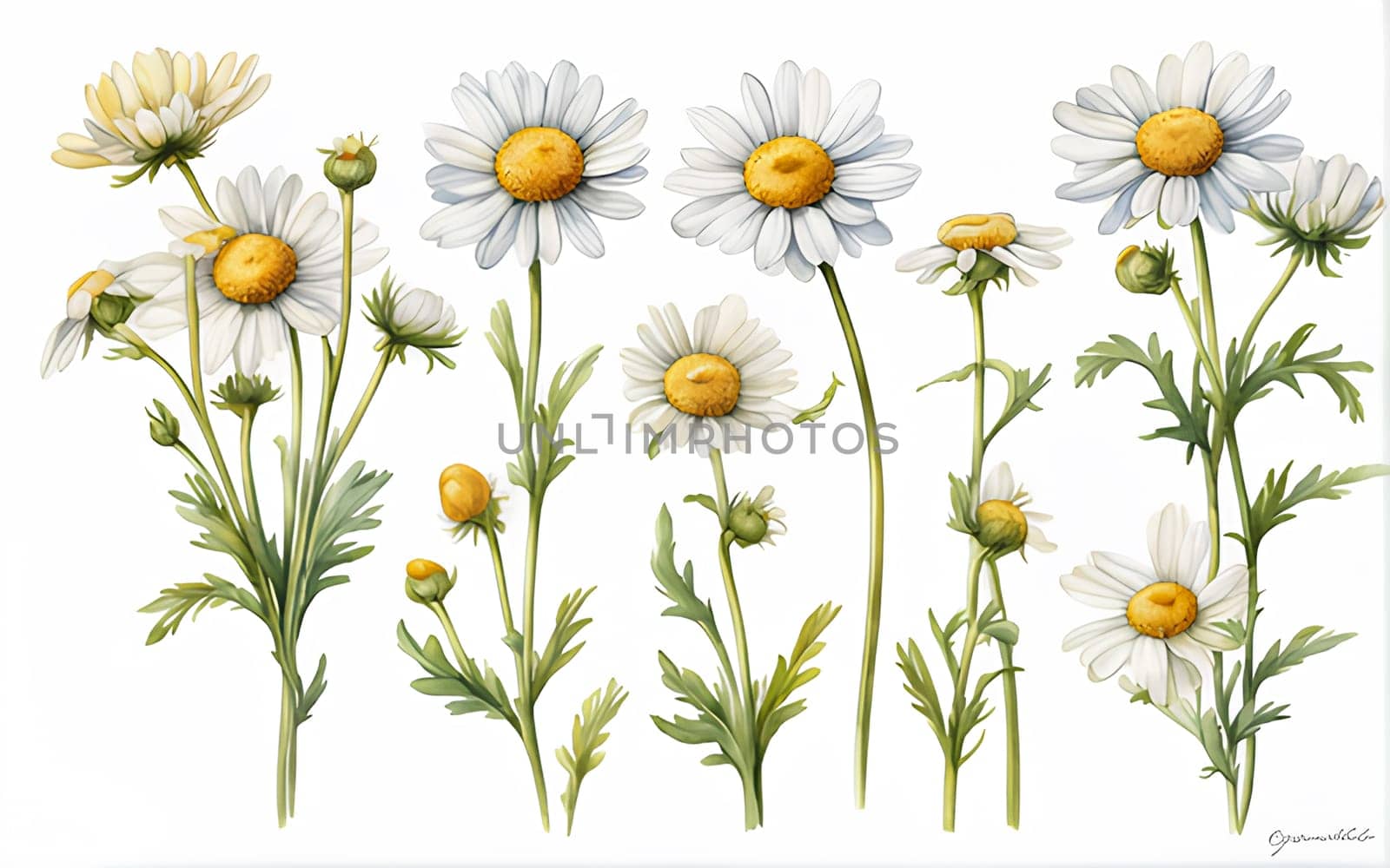 Set of chamomile flowers on white background, watercolor illustration. by Annu1tochka