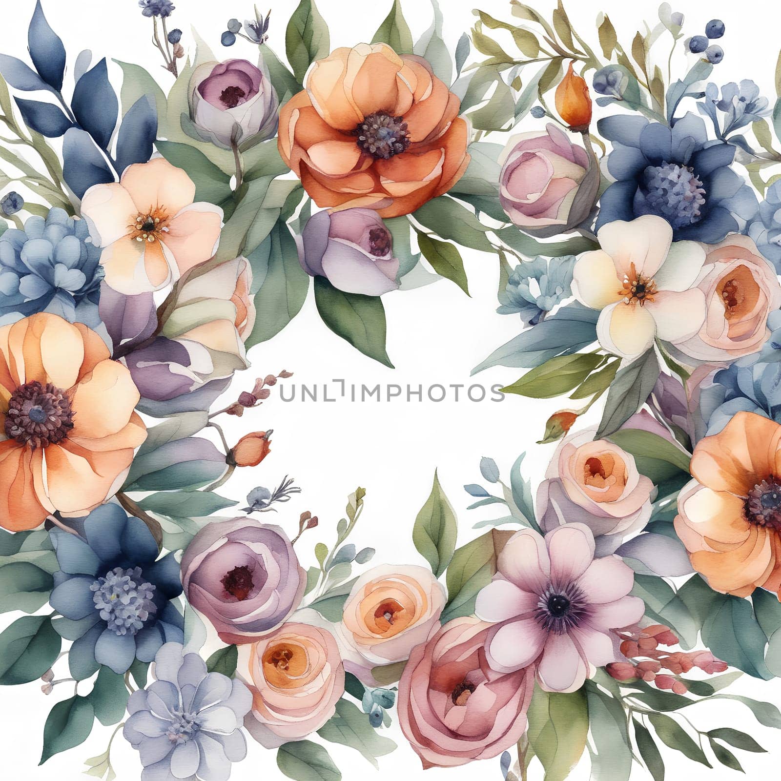 Watercolor flowers wreath in cold colors by Annu1tochka