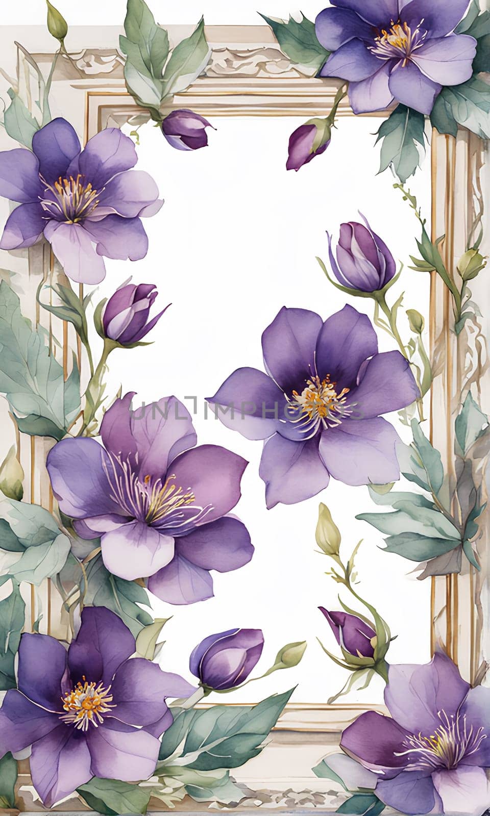 Framing purple flowers on white background with copy space; watercolor illustration by Annu1tochka