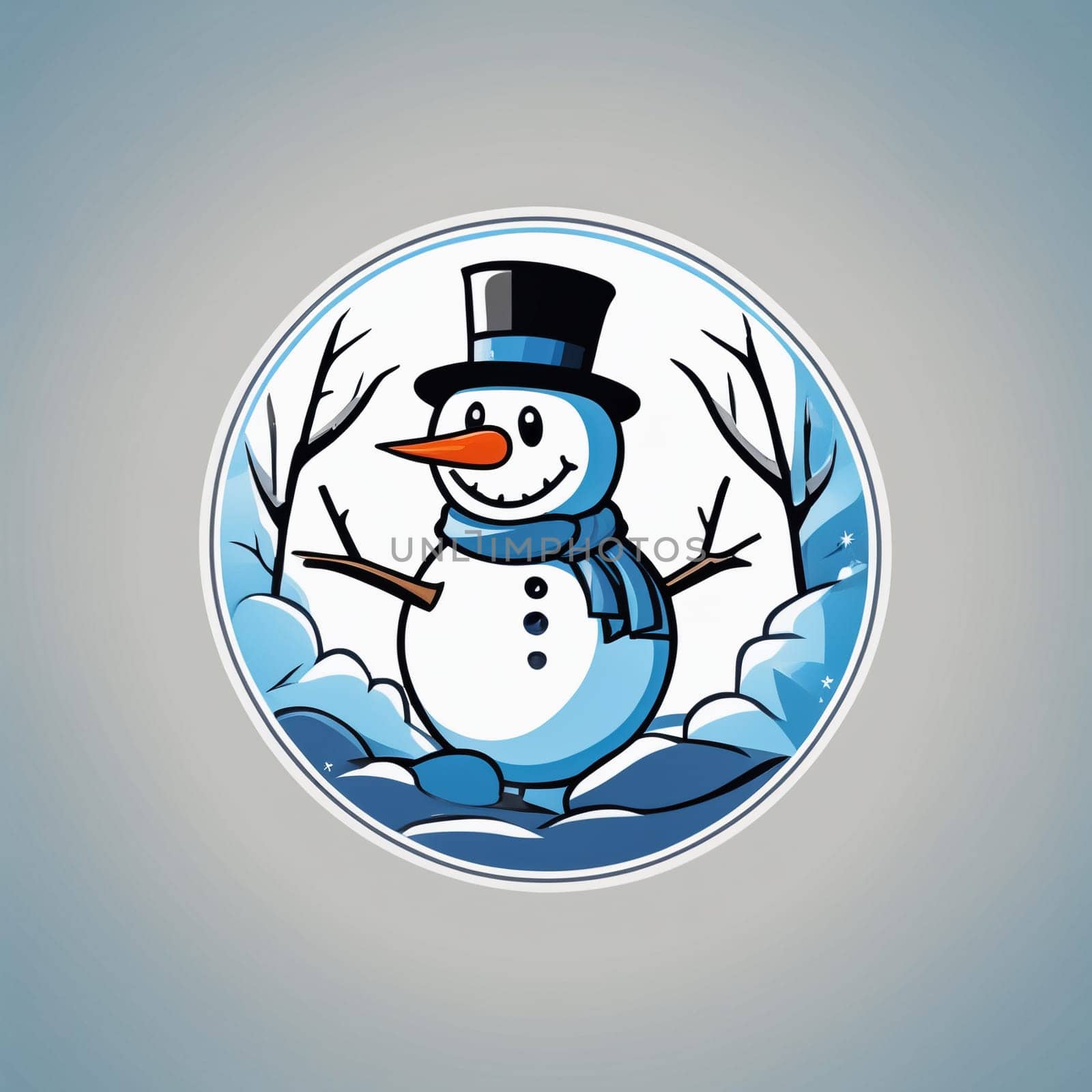 Round logo with snowman, cute character, white and blue colors