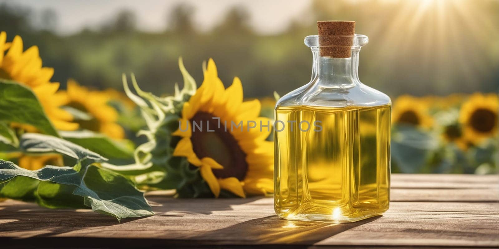 Transparent bottle of oil stands on a wooden table on of a field of sunflowers at background by Annu1tochka