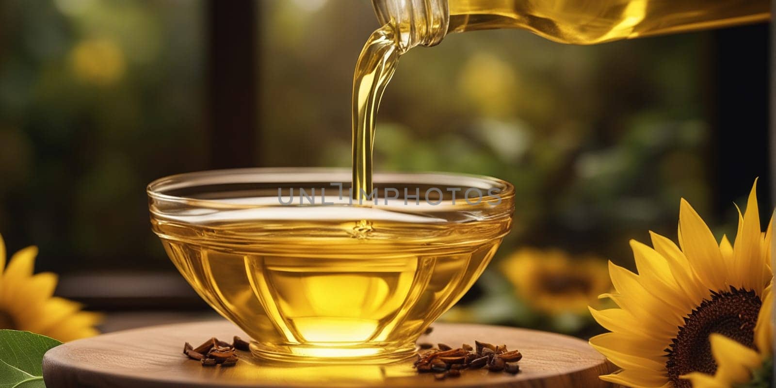 Transparent bottle of oil stands on a wooden table on of a field of sunflowers at background