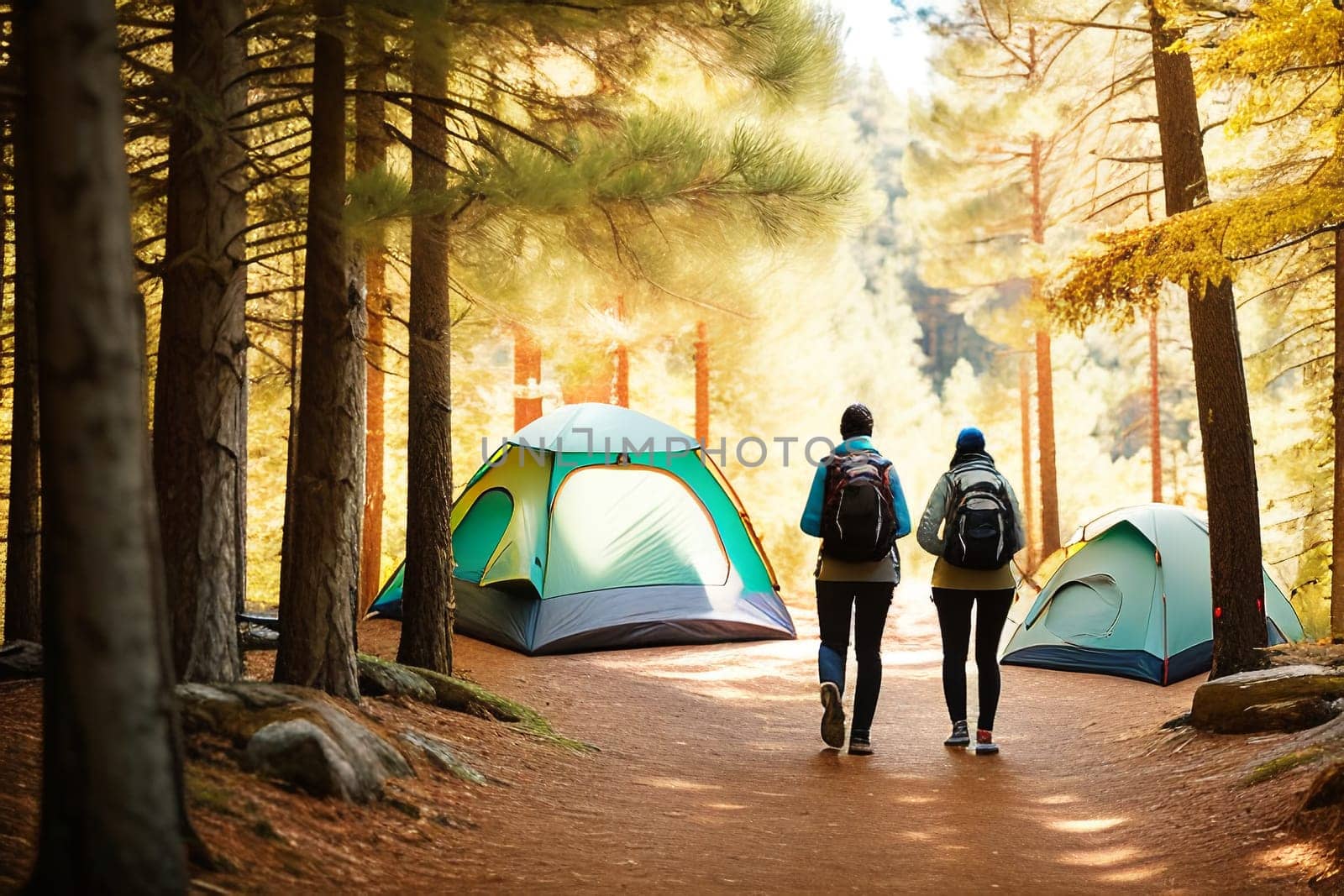 tourists with backpacks walking through the autumn pine forest, rear view. camping tent during the day in the autumn forest. a banner with a place to copy