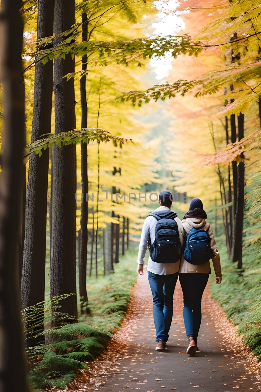 Tourists with backpacks walking through the autumn forest, view from the back by Annu1tochka