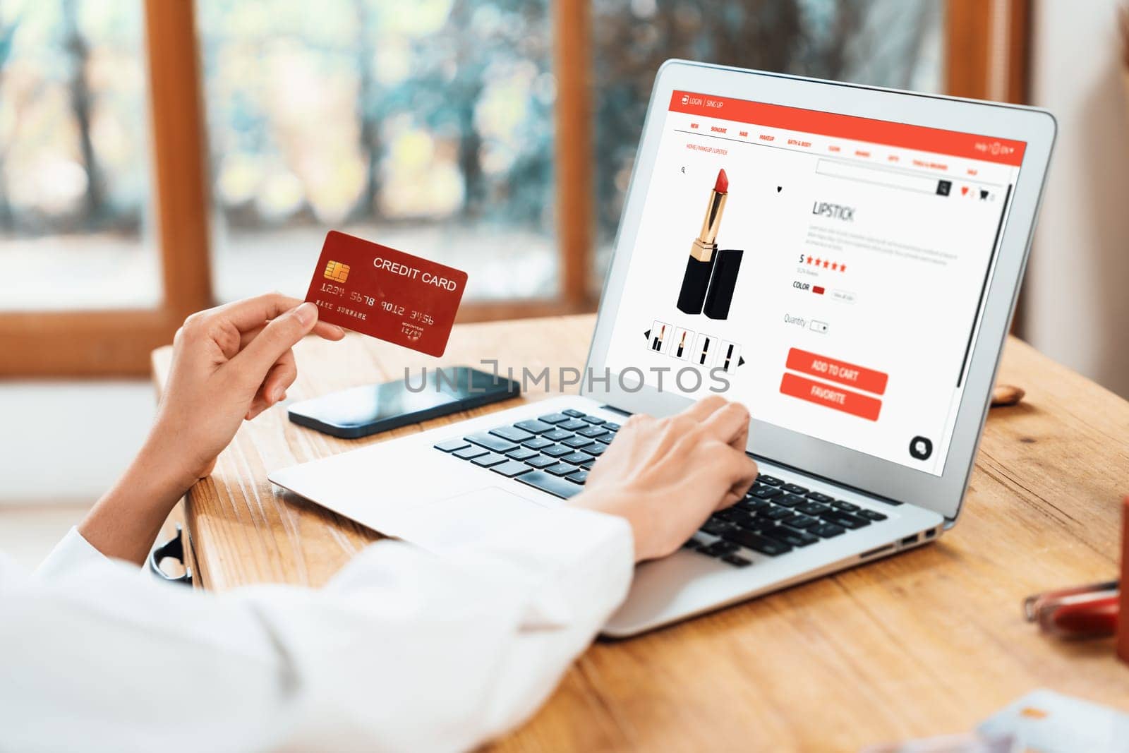 Woman shopping online on internet marketplace browsing for sale items for modern lifestyle and use credit card for online payment from wallet protected by uttermost cyber security software