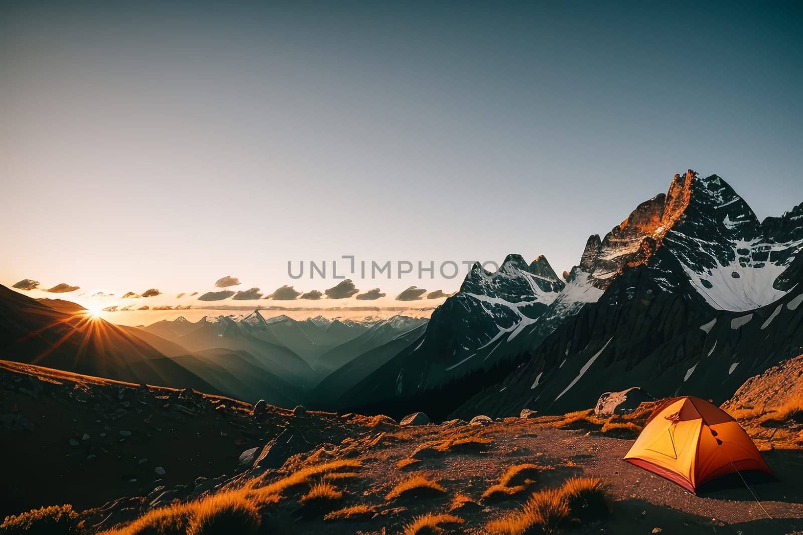 Camping tent high in the mountains at sunset by Annu1tochka