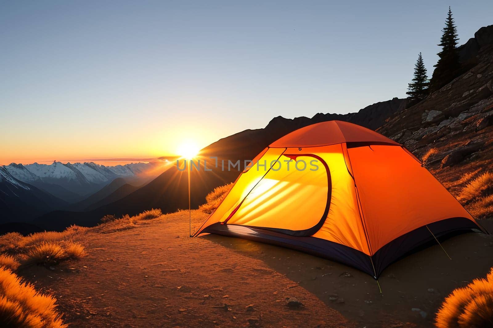 Camping tent high in the mountains at sunset.