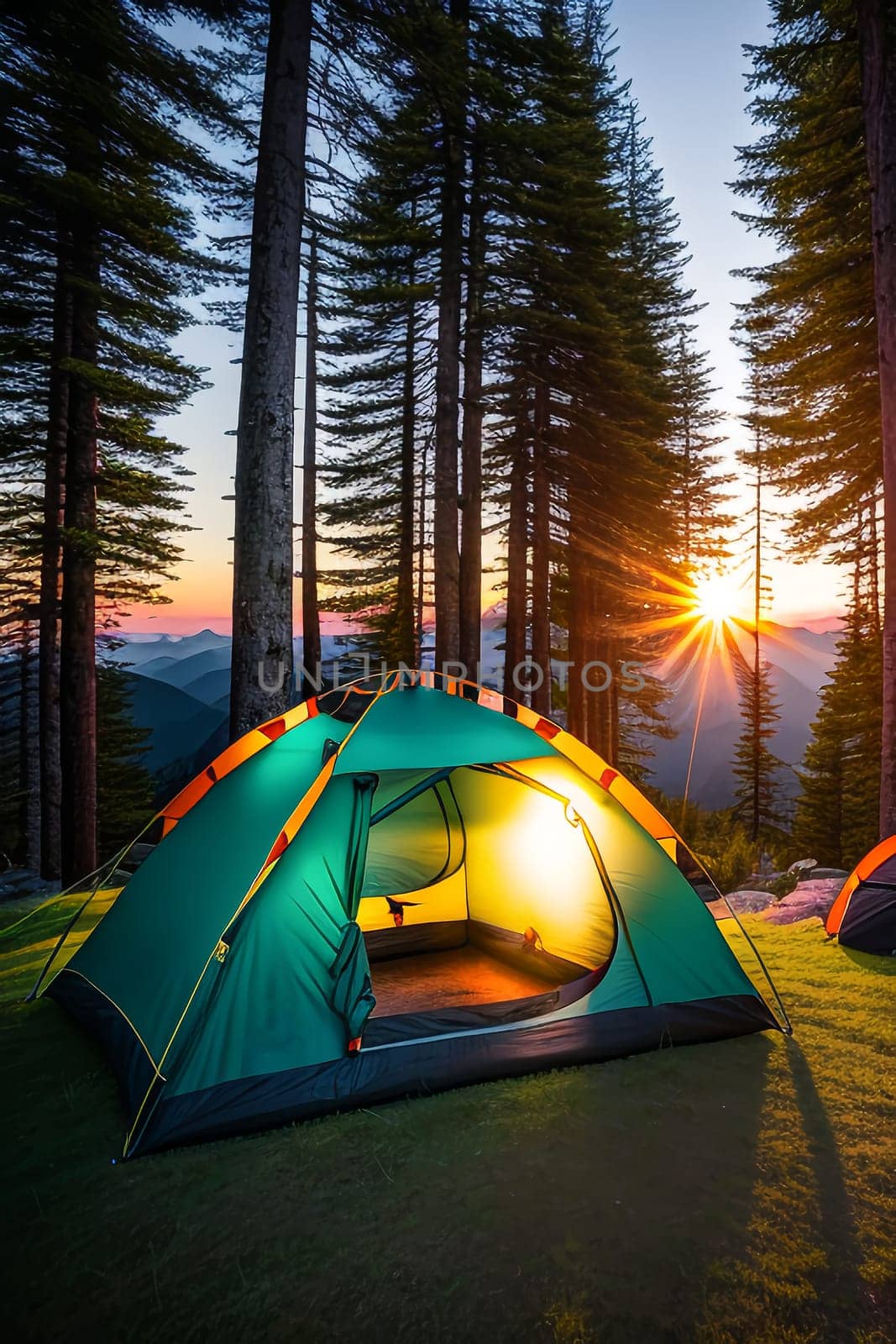 Camping tent high in the mountains at sunset.