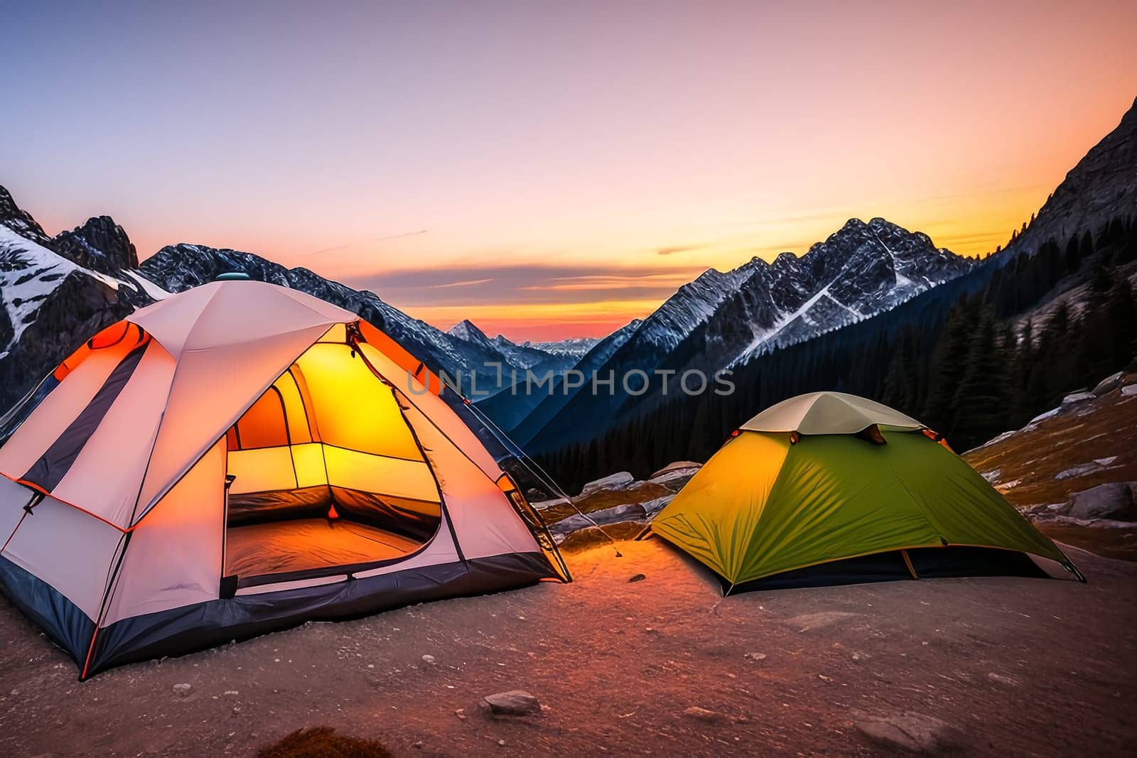 Camping tent high in the mountains at sunset by Annu1tochka