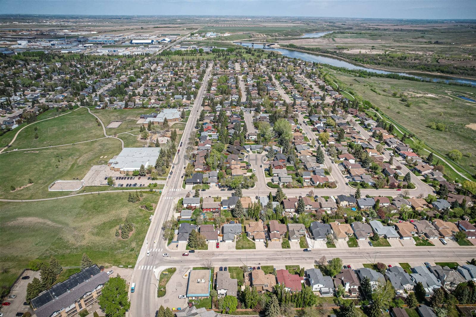 Aerial view of Silverwood Heights which is a mostly residential neighbourhood located in north-central Saskatoon, Saskatchewan, Canada. It is a suburban subdivision, composed mostly of single detached dwellings and some multiple-unit apartment and semi-detached dwellings. As of 2009, the area is home to 10,786 residents.