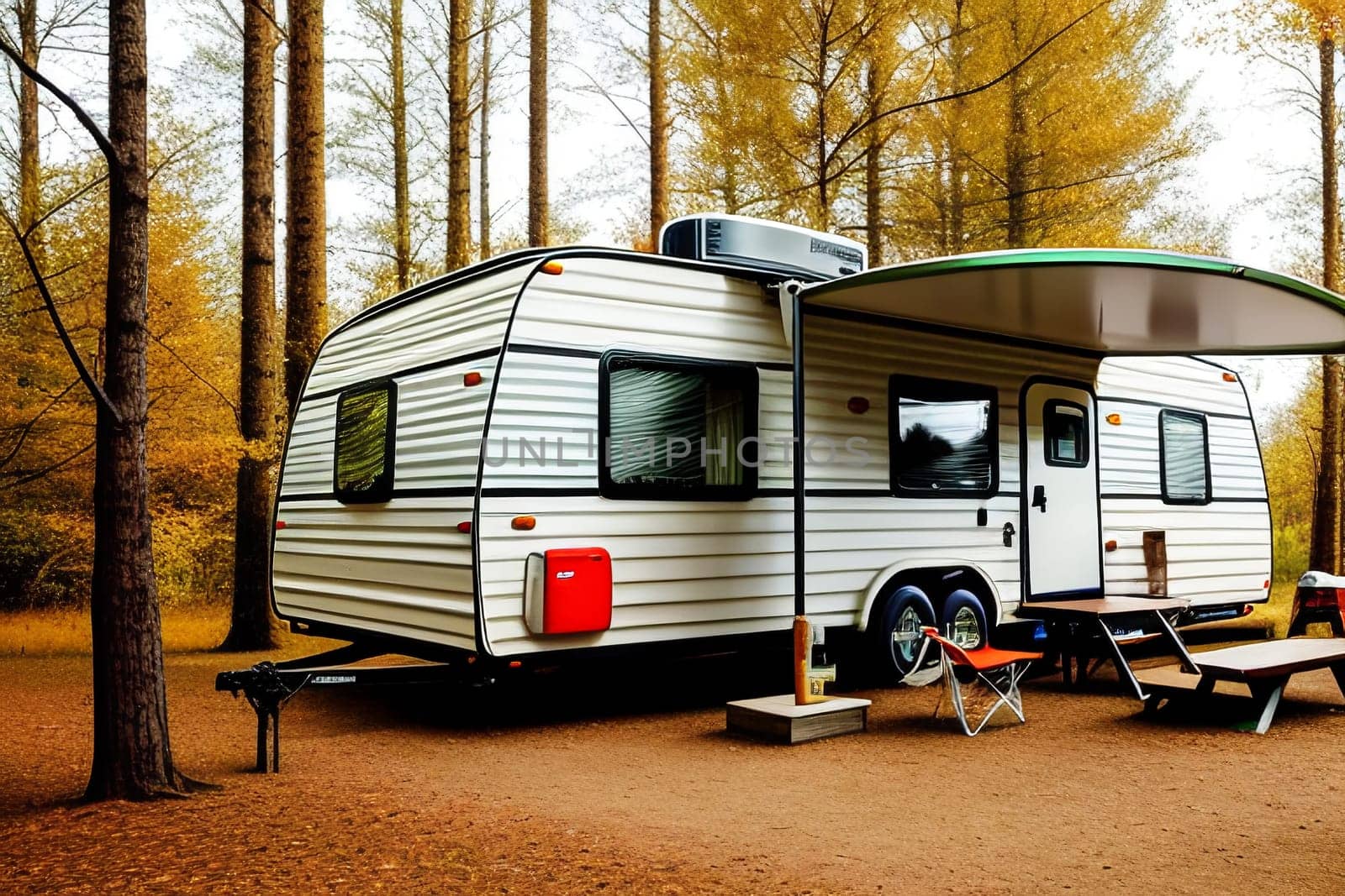 The trailer of the mobile home is camping in the fall, the concept of a family trip around the native country in a camper van or camper van and camping life