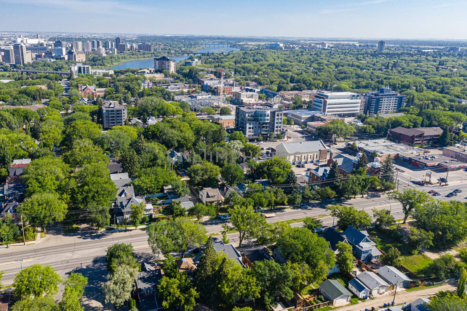 Aerial view of the Nutana neighborhood of Saskatoon. July 30, 2020