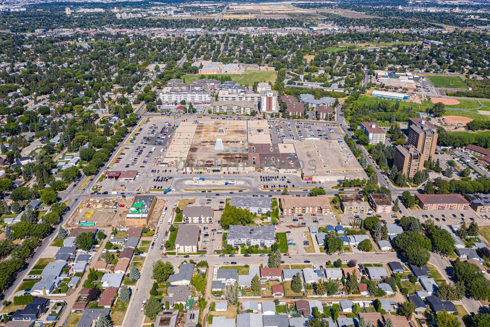 Aerial view of the Nutana Suburban Centre area of Saskatoon. Aug 26, 2020