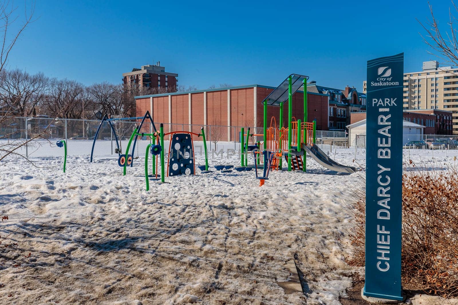 Chief Darcy Bear Park is located in the Nutana neighborhood of Saskatoon.