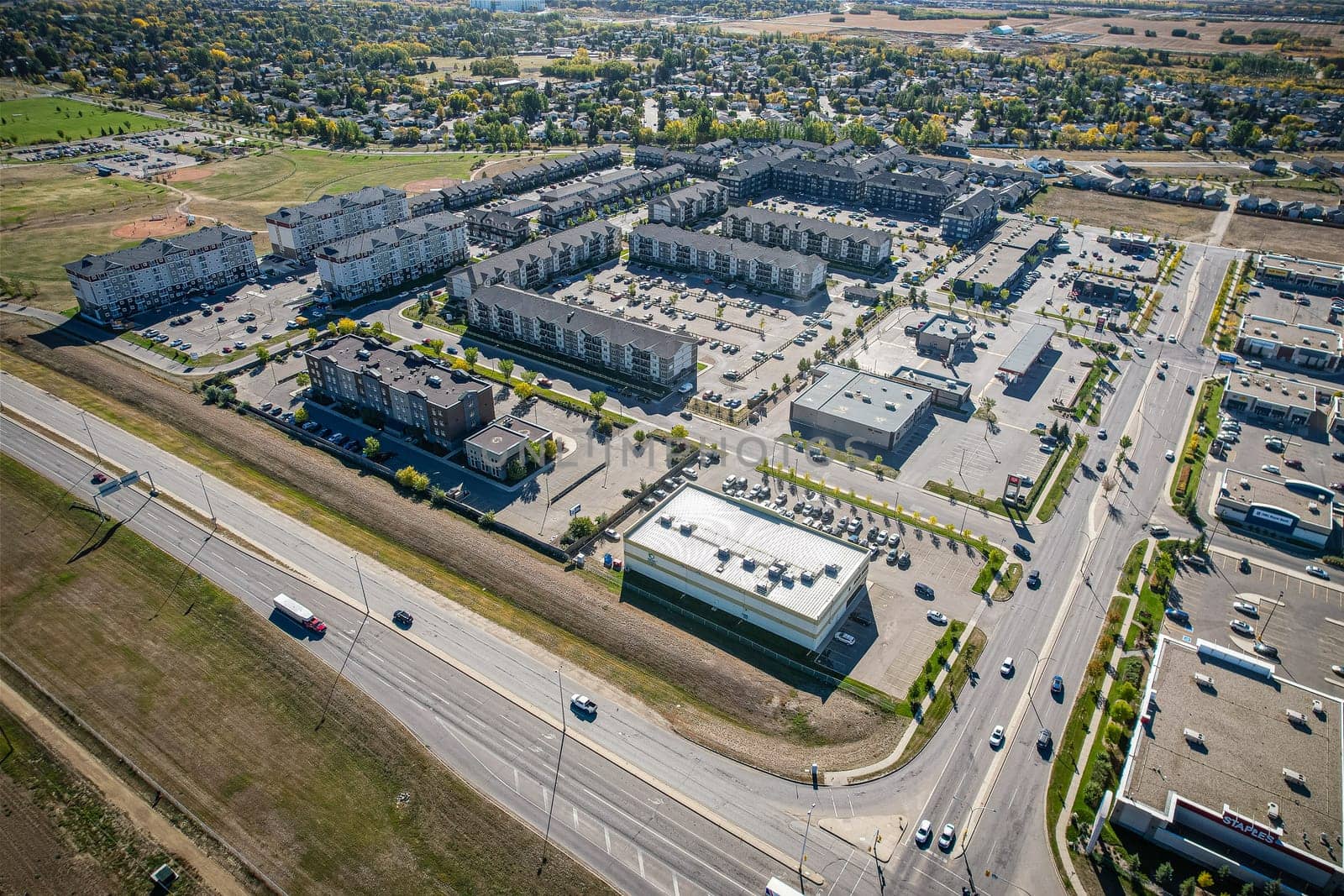 Aerial view of Blairmore Suburban Development Area which is an area in Saskatoon, Saskatchewan. It is a part of the west side community of Saskatoon