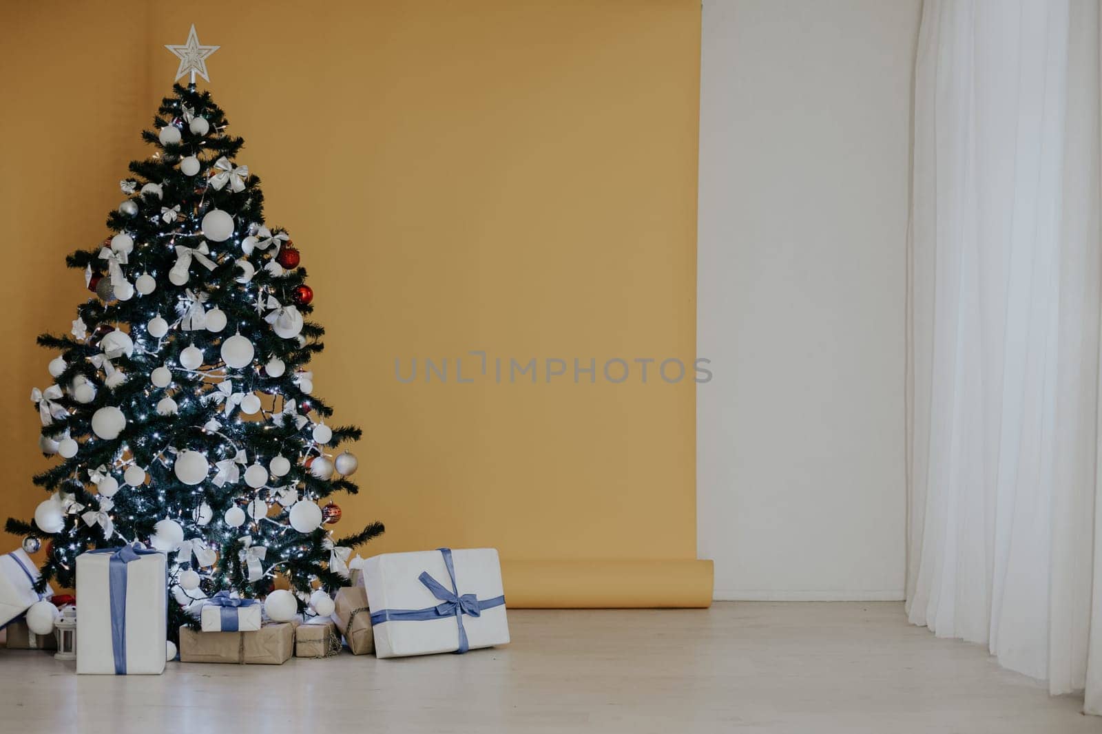 Christmas tree with presents, Garland lights new year 2018 2019