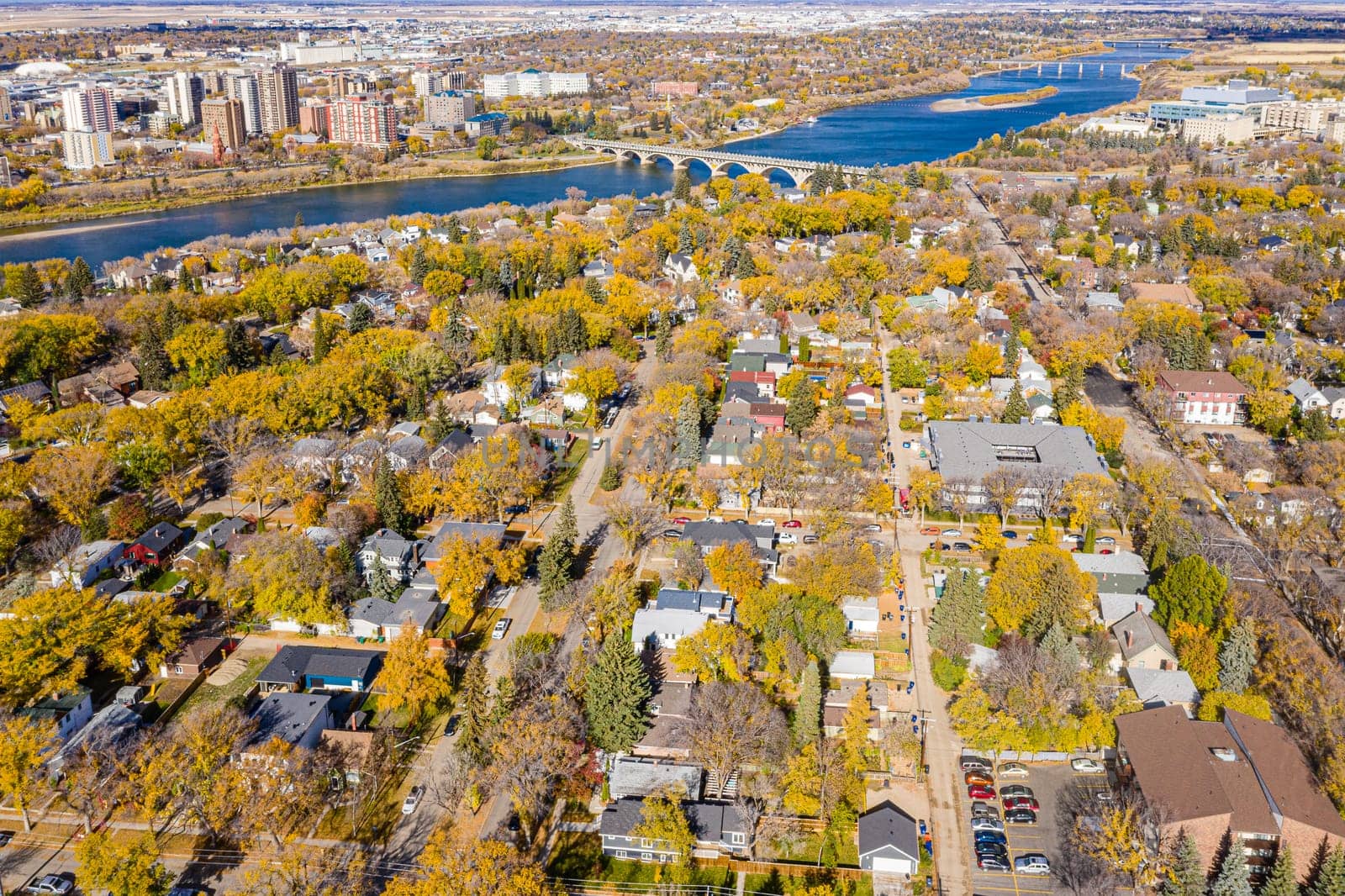 Aerial view of the Nutana neighborhood of Saskatoon. Oct 2, 2020