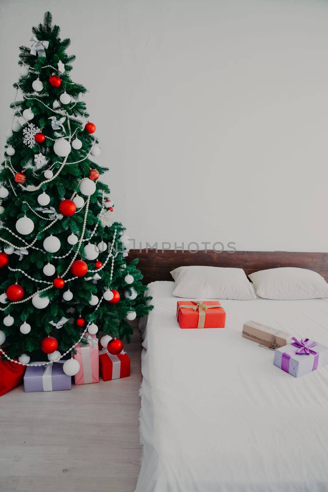 Christmas new year tree Interior bedroom and bed with