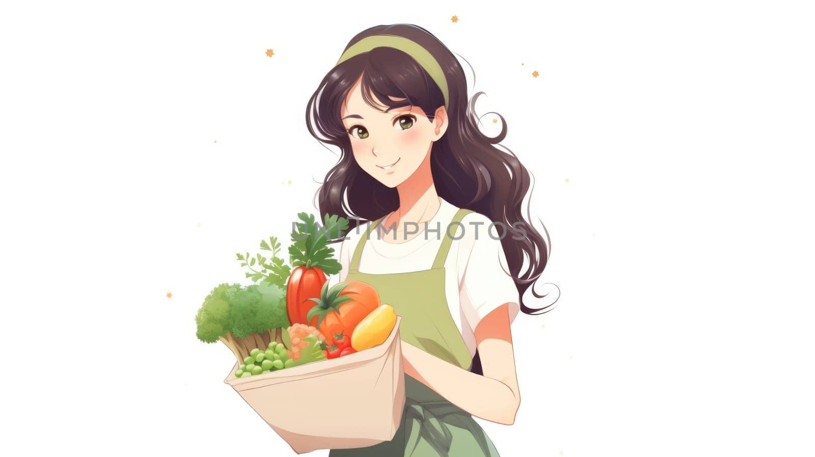 Woman with a shopping bag. A bag with vegetables. Watercolor illustration on a white background. AI