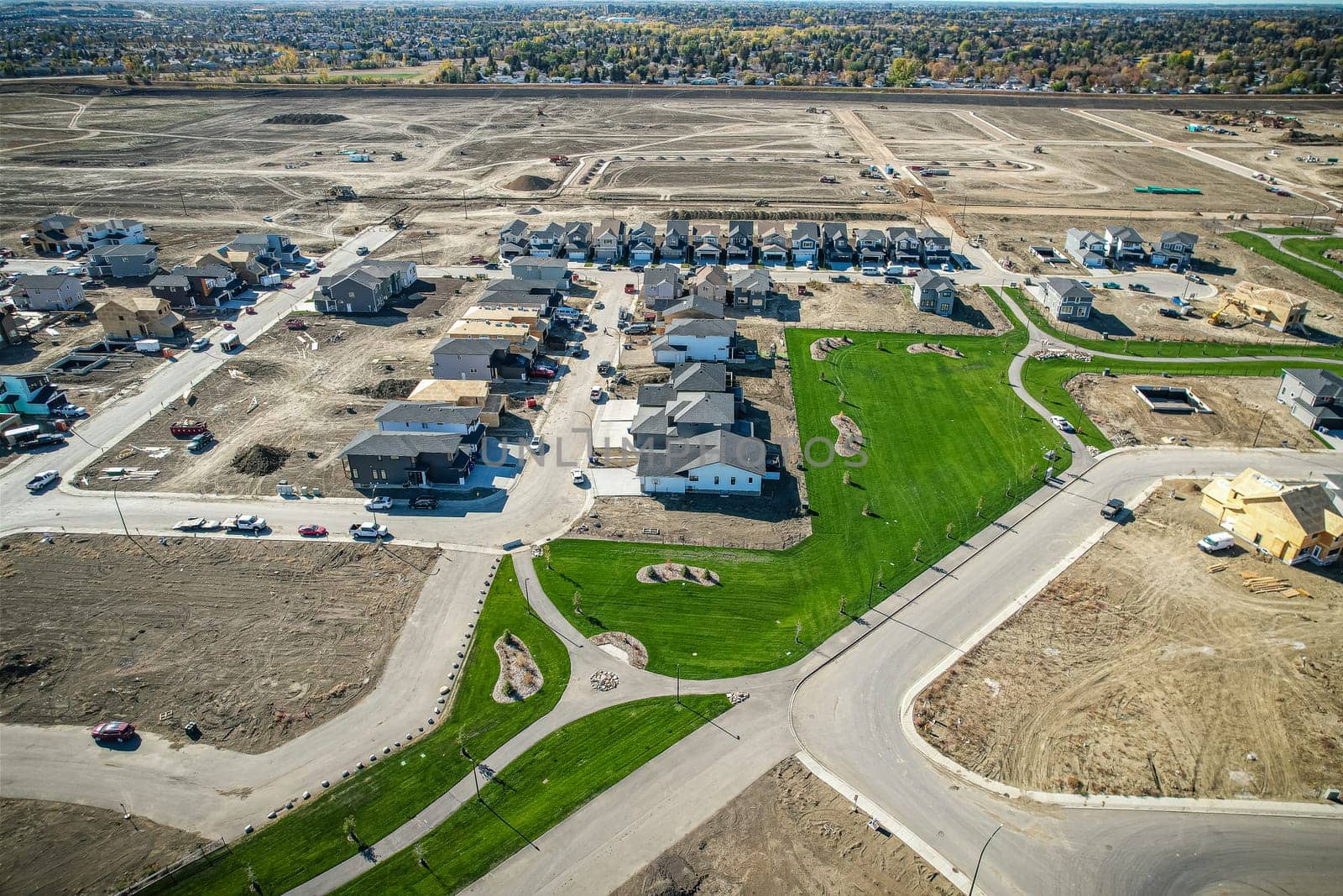 Aerial view of Brighton which is a neighbourhood in Saskatoon, Saskatchewan, and is the first of several communities planned for the Holmwood Suburban Development Area on the east side of the city.