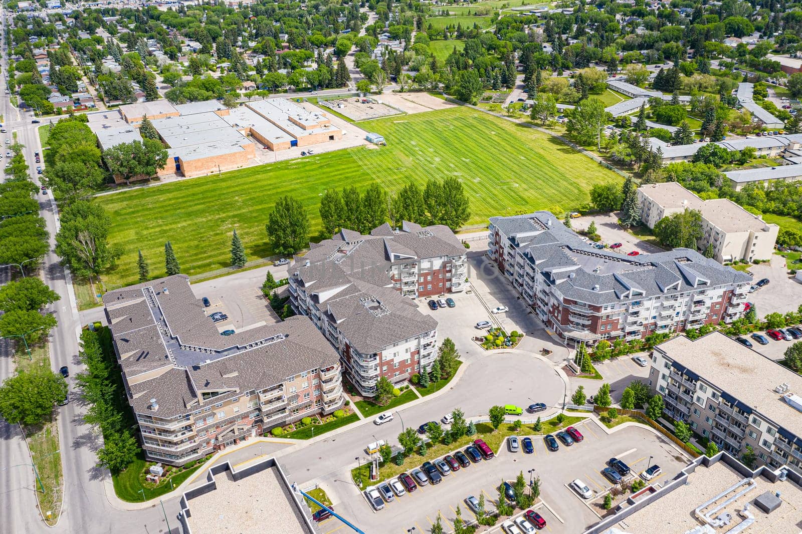 Aerial view of the Nutana SC neighborhood of Saskatoon. June 16, 2020