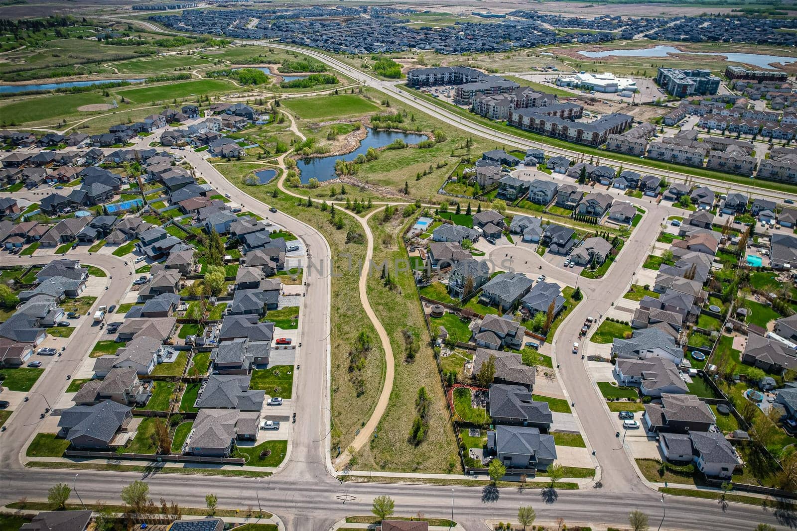Aerial view of Briarwood which is a residential neighbourhood located in the southeast part of Saskatoon, Saskatchewan, Canada. The majority of its residents live in low-density, single detached dwellings.