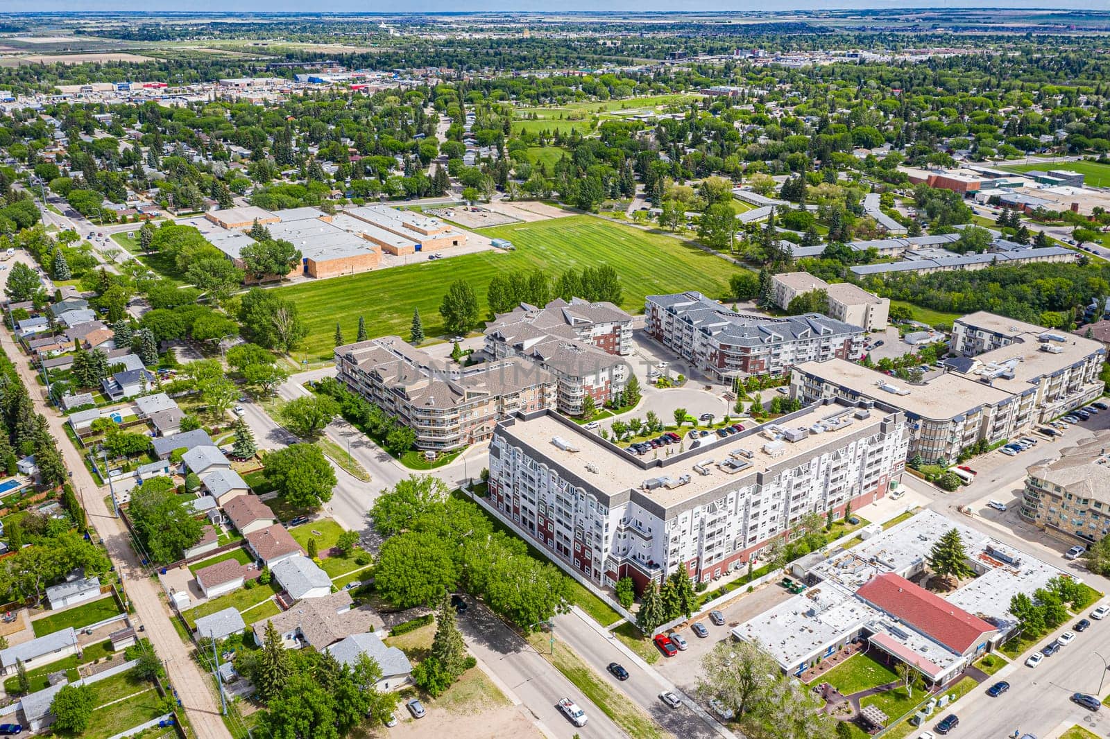 Aerial view of the Nutana SC neighborhood of Saskatoon. June 16, 2020