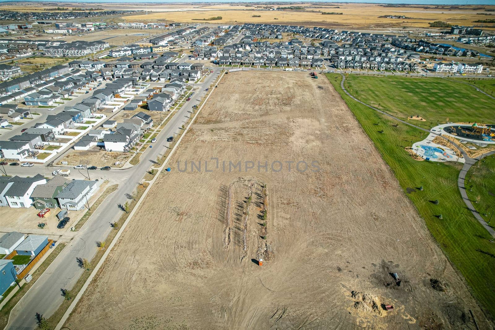 Aerial view of Brighton which is a neighbourhood in Saskatoon, Saskatchewan, and is the first of several communities planned for the Holmwood Suburban Development Area on the east side of the city.