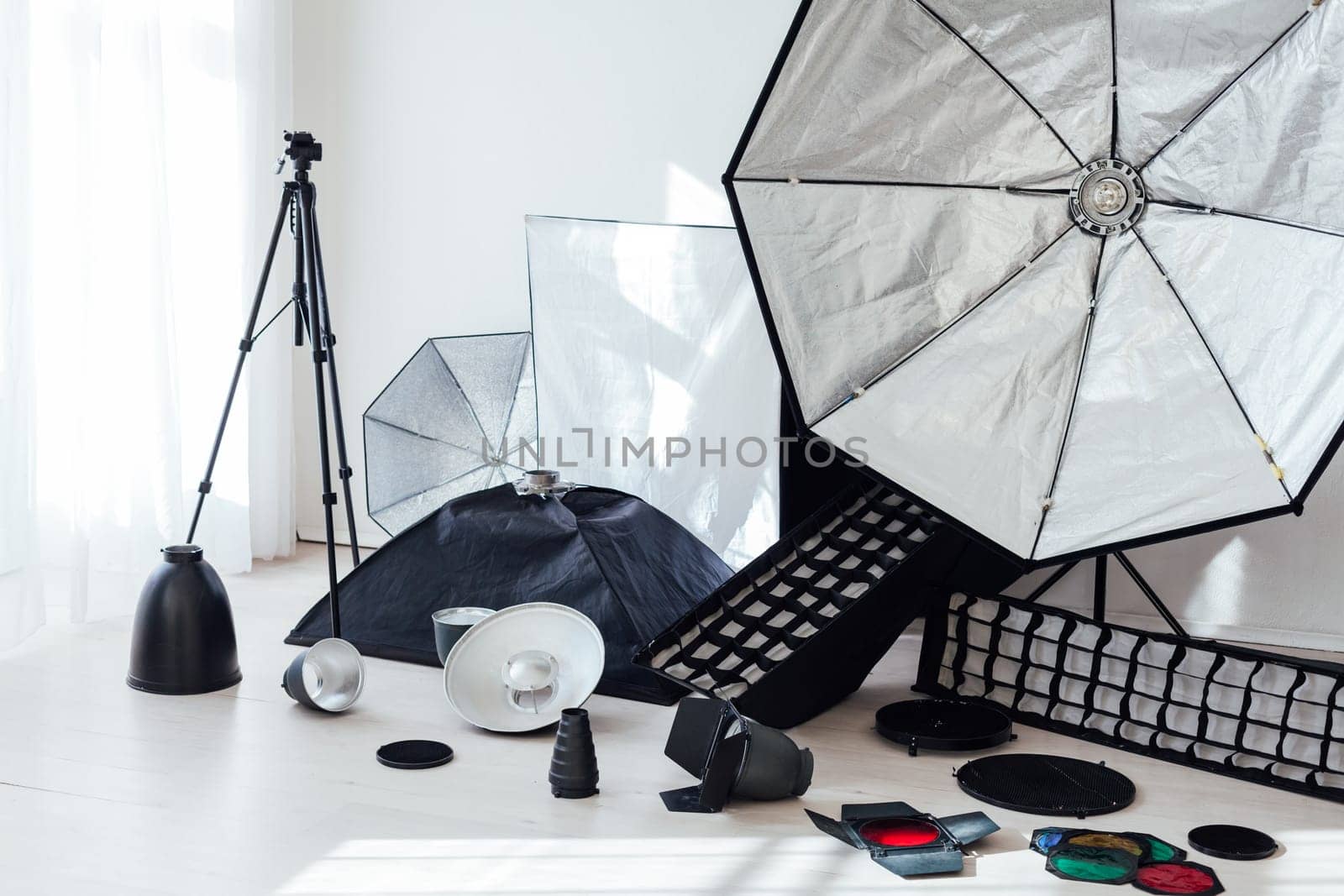 Equipment white photo studio flash accessories photographer by Simakov