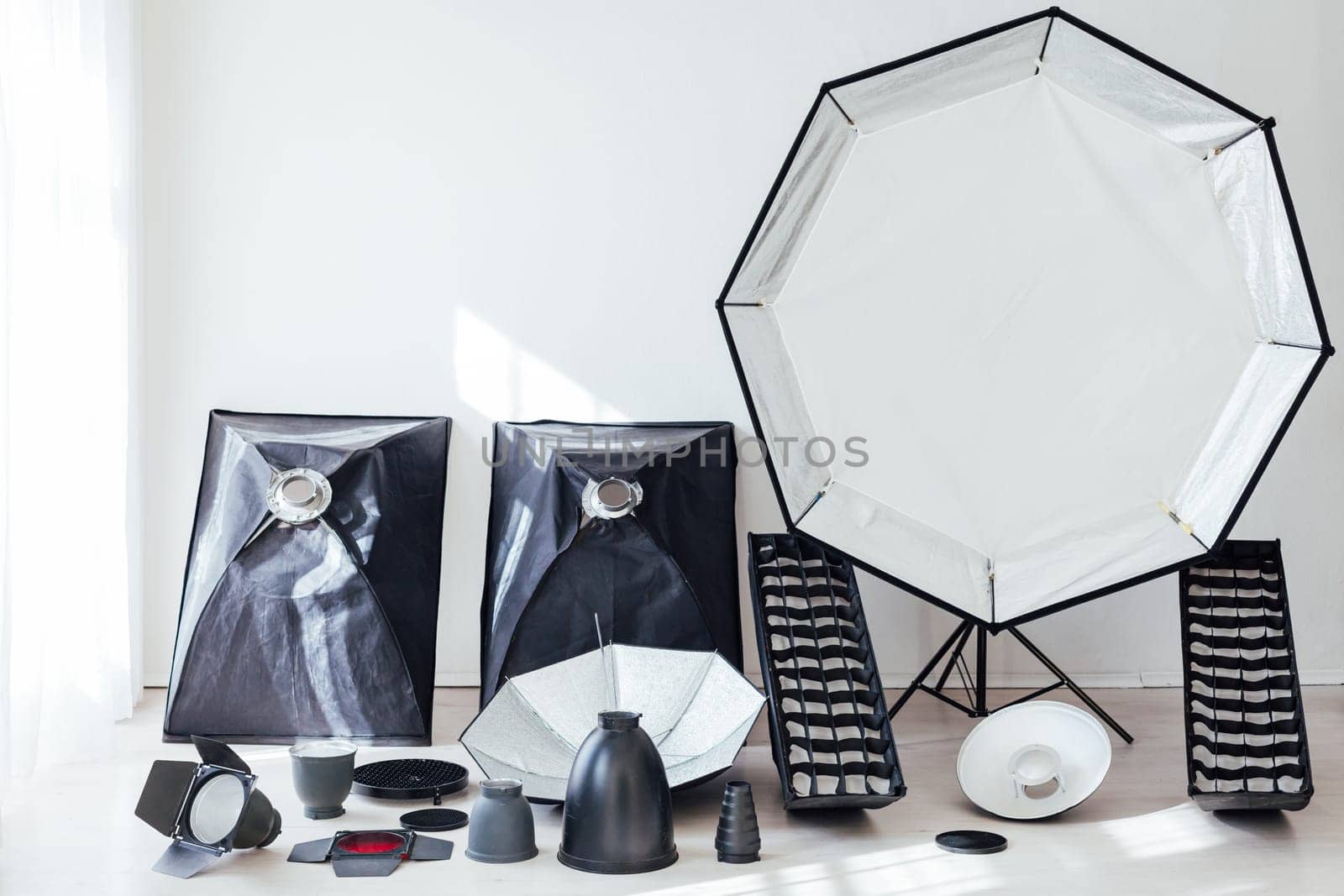 Equipment white photo studio flash accessories photographer by Simakov