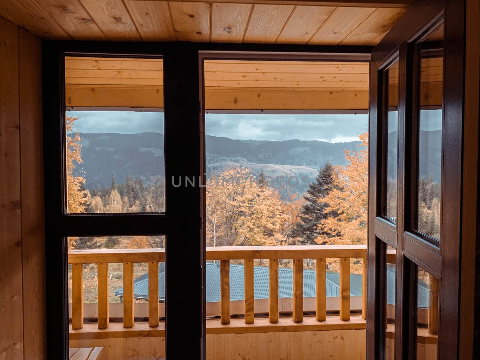 View from the window of a modular house in the mountains