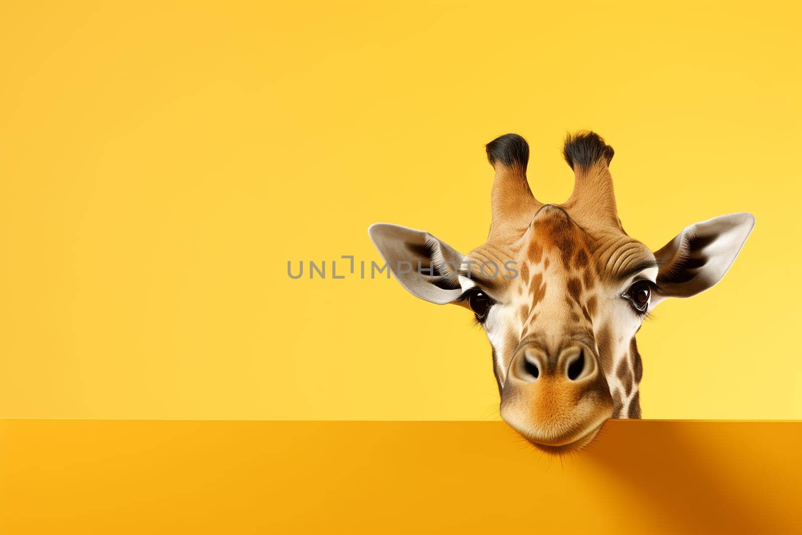 Portrait of a beautiful cheerful giraffe isolated on a yellow background. Banner with a funny giraffe by esvetleishaya