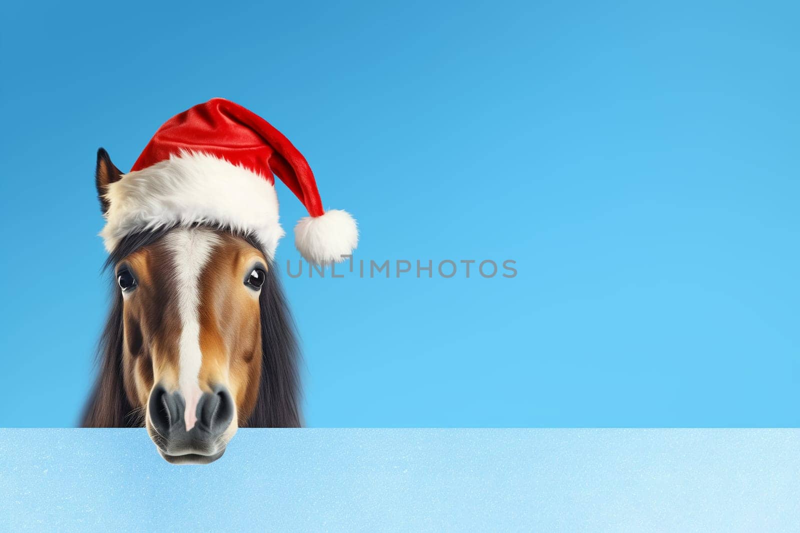 A funny horse in a Santa Claus hat on a blue background. Banner with horse and free space. Christmas or new year concept by esvetleishaya