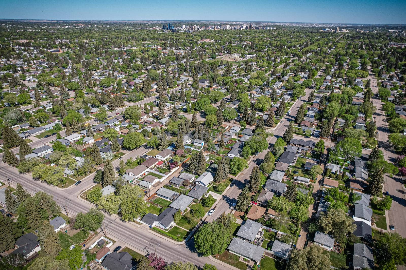 Aerial view of Adelaide Churchill which is a mostly residential neighborhood located in Saskatoon, Saskatchewan, Canada. It is a suburban subdivision, consisting mostly of single detached dwellings.