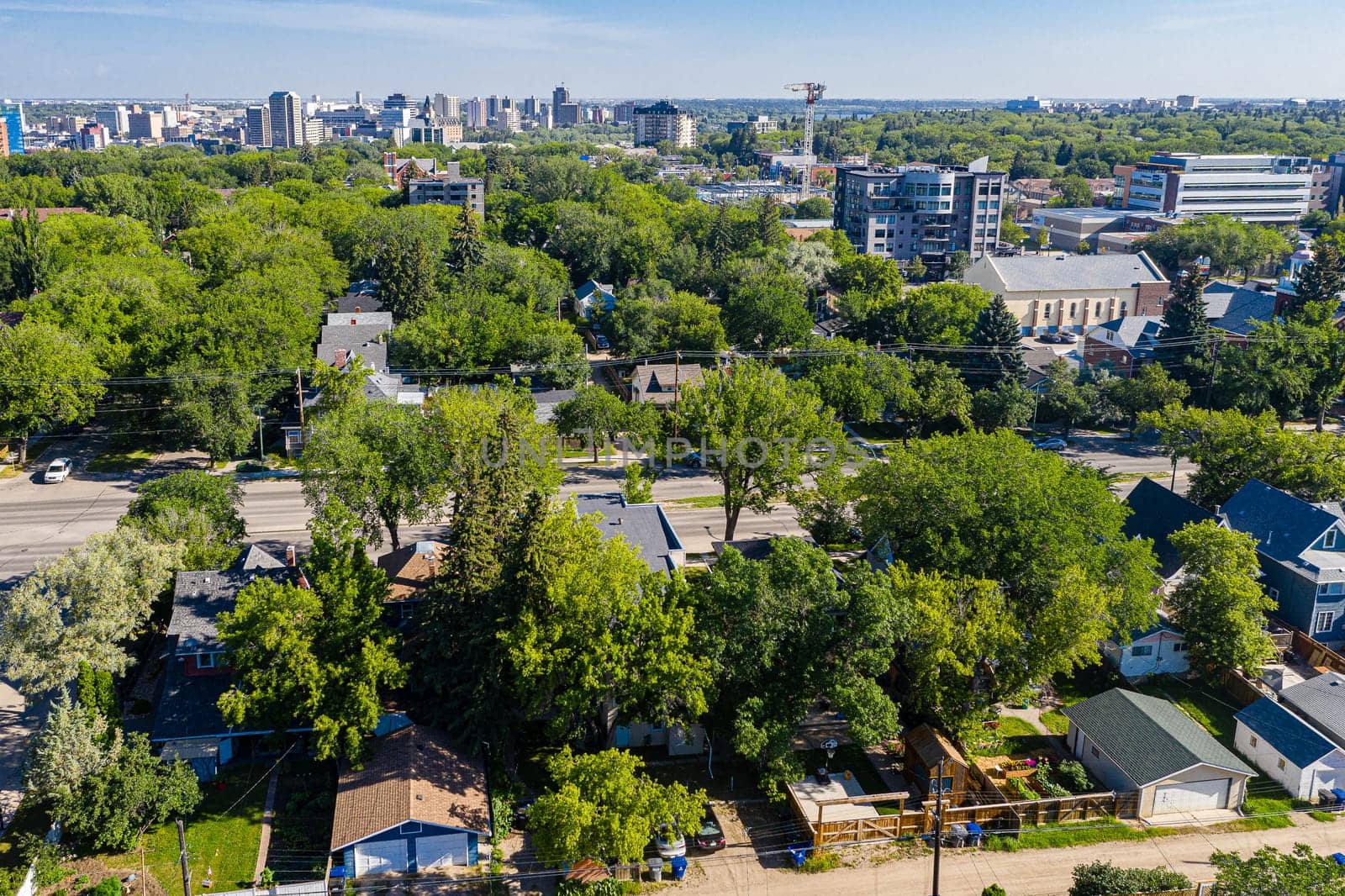 Aerial view of the Nutana neighborhood of Saskatoon. July 30, 2020