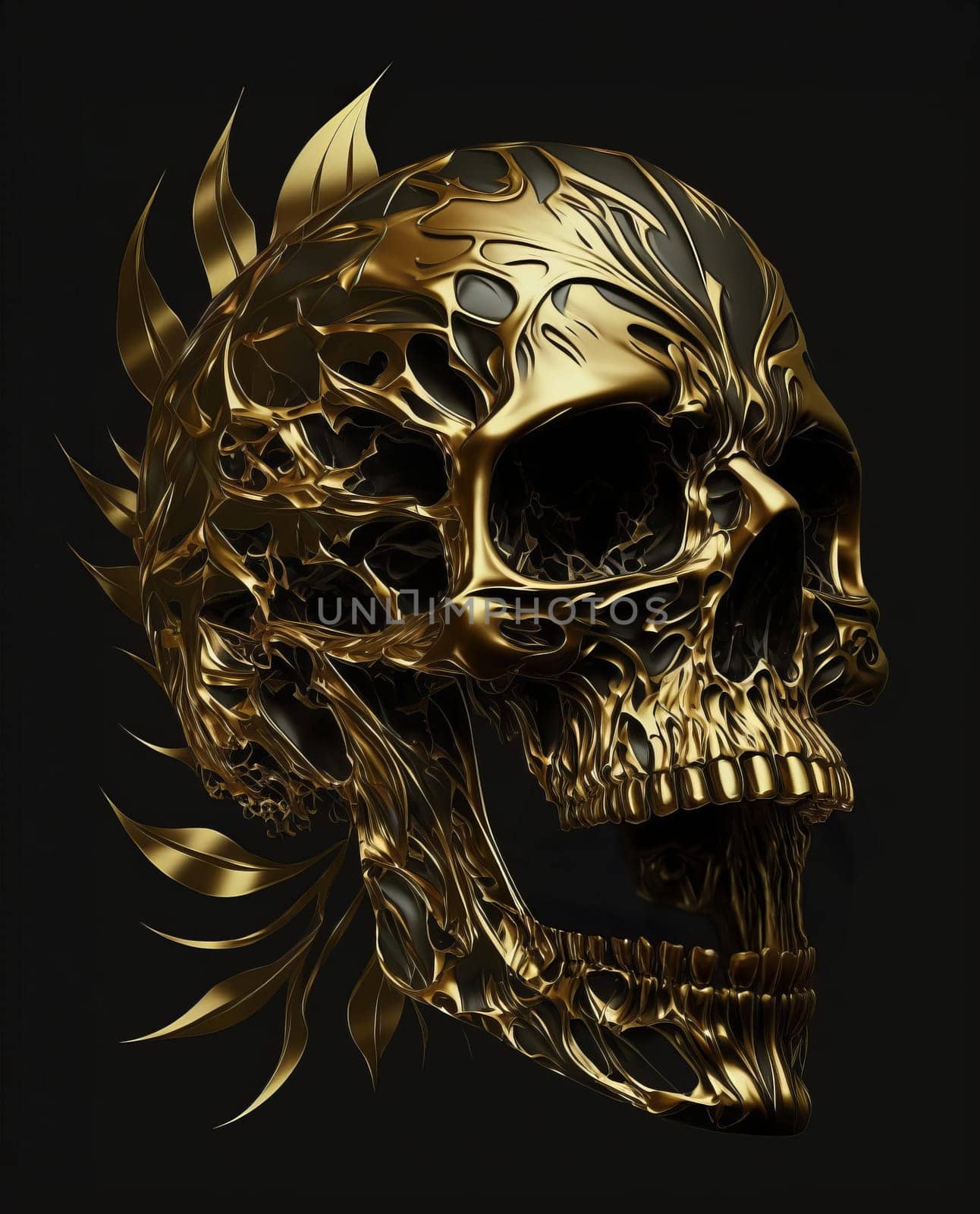 Gold detailed patterned skull on a dark background by studiodav