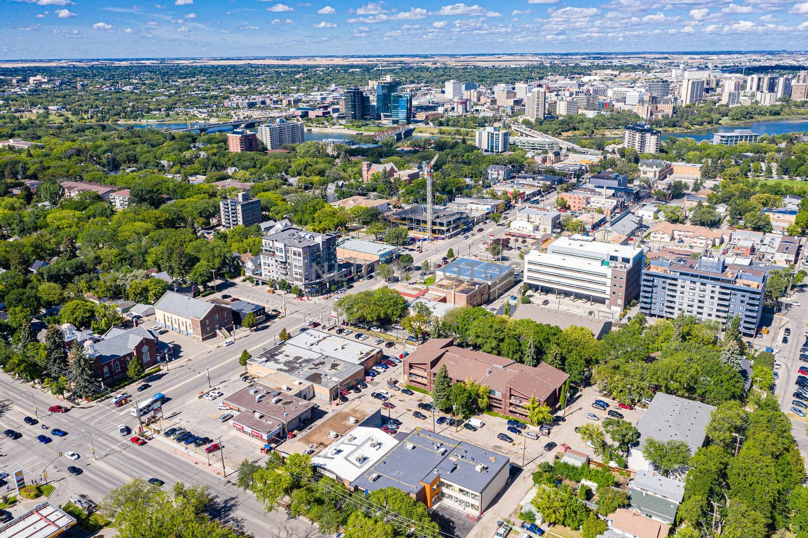 Captured from above, this drone image presents Broadway Avenue in Saskatoon in all its glory. Experience the bustling streets, unique urban charm, and vibrant community life from a spectacular aerial perspective.