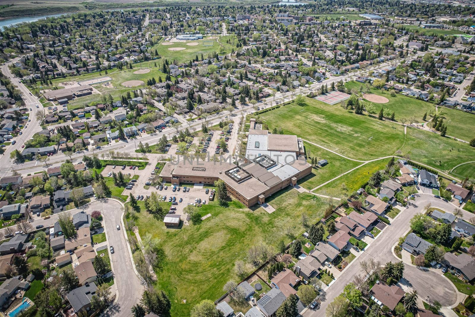 Aerial view of Silverwood Heights which is a mostly residential neighbourhood located in north-central Saskatoon, Saskatchewan, Canada. It is a suburban subdivision, composed mostly of single detached dwellings and some multiple-unit apartment and semi-detached dwellings. As of 2009, the area is home to 10,786 residents.