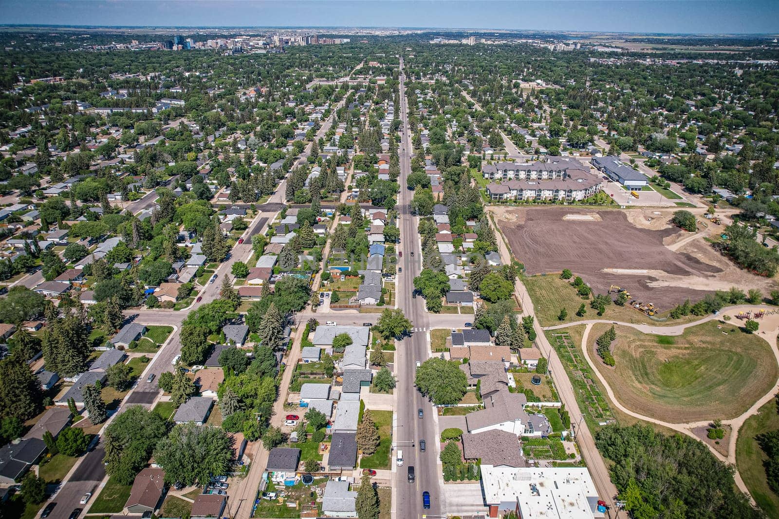 Aerial view of Adelaide Churchill which is a mostly residential neighbourhood located in south-central Saskatoon, Saskatchewan, Canada. It is a suburban subdivision, consisting mostly of low-density, single detached dwellings. As of 2009, the area is home to 3,445 residents.
