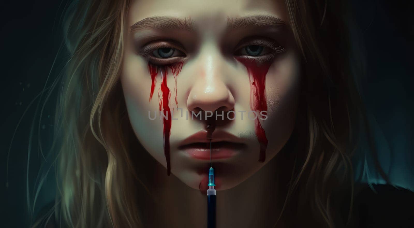 Drug addict girl crying bloody tears by studiodav