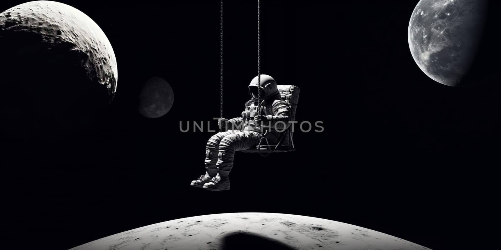 Cosmonaut on a swing in space in 4k