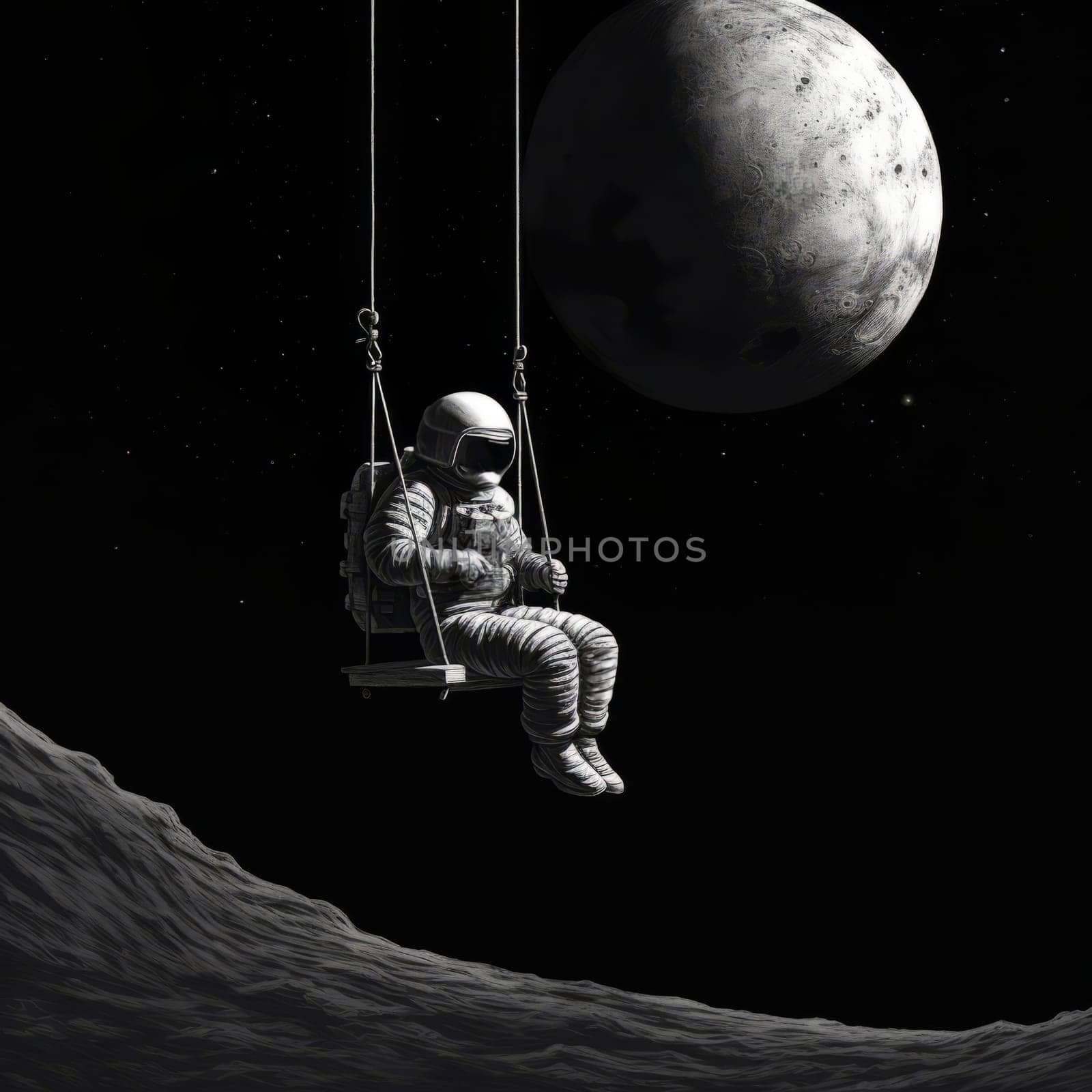 Cosmonaut on a swing in space by studiodav