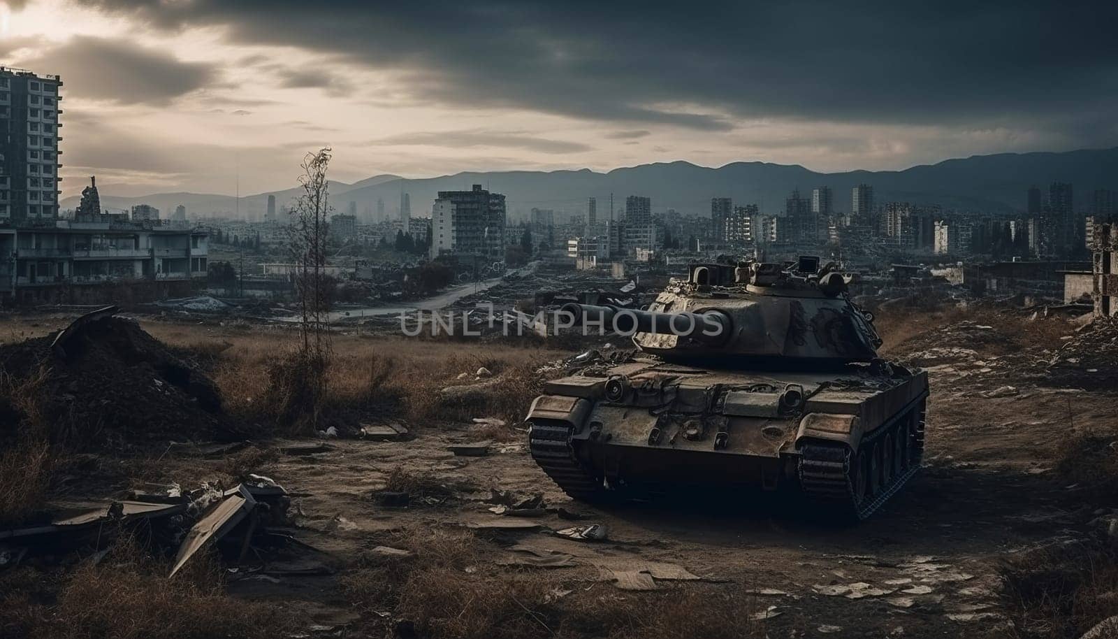 A military tank against the background of a ruined city 4k