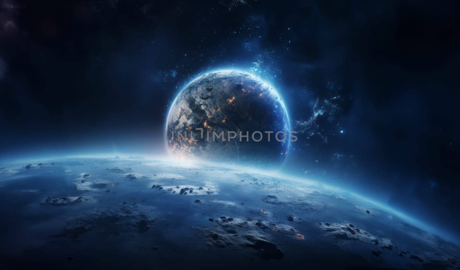 Two blue abstract planets in outer space by studiodav