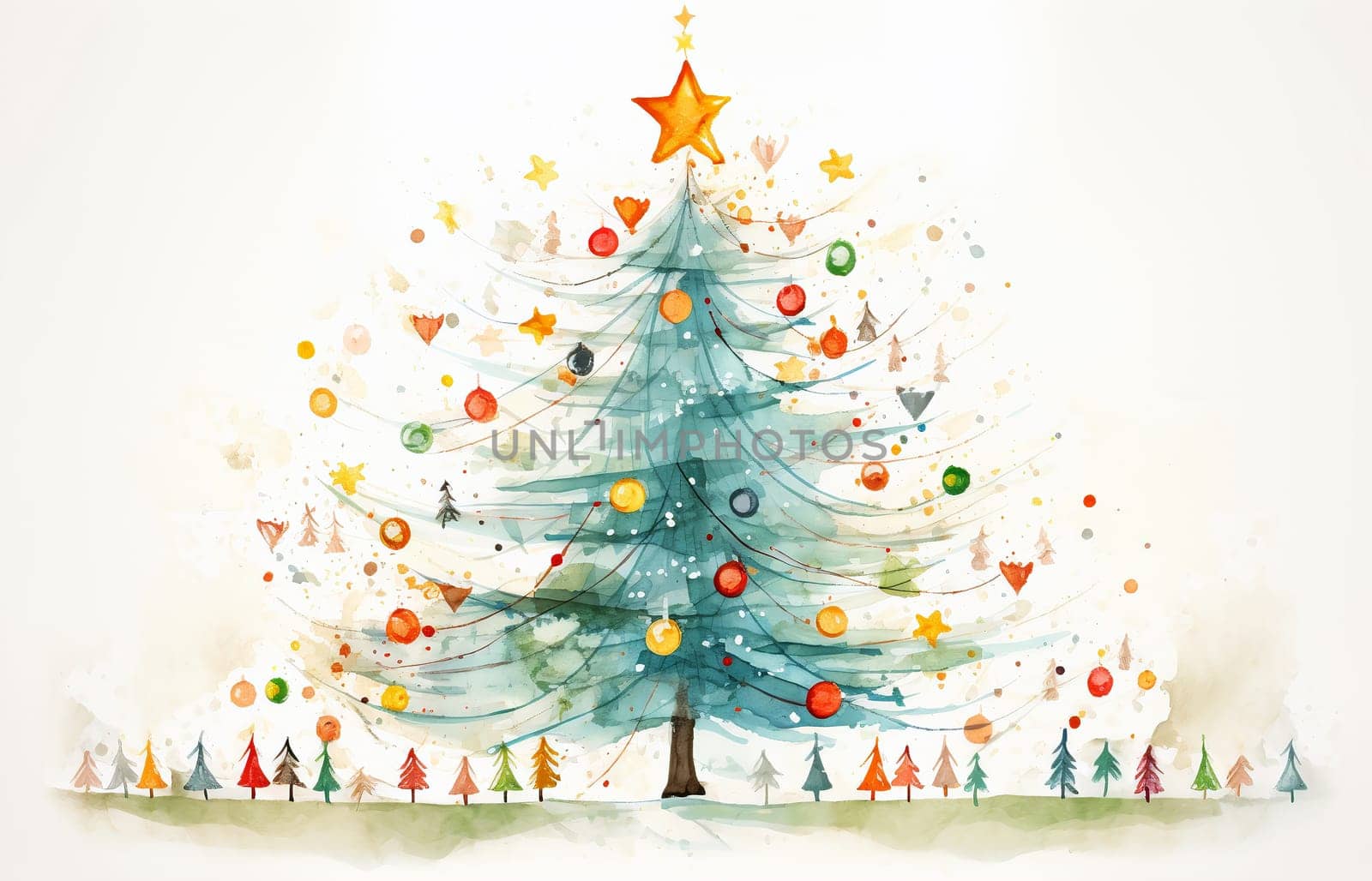 watercolor painting of a Christmas tree decorated with ornaments and lights - Xmas celebration concept - AI Generative