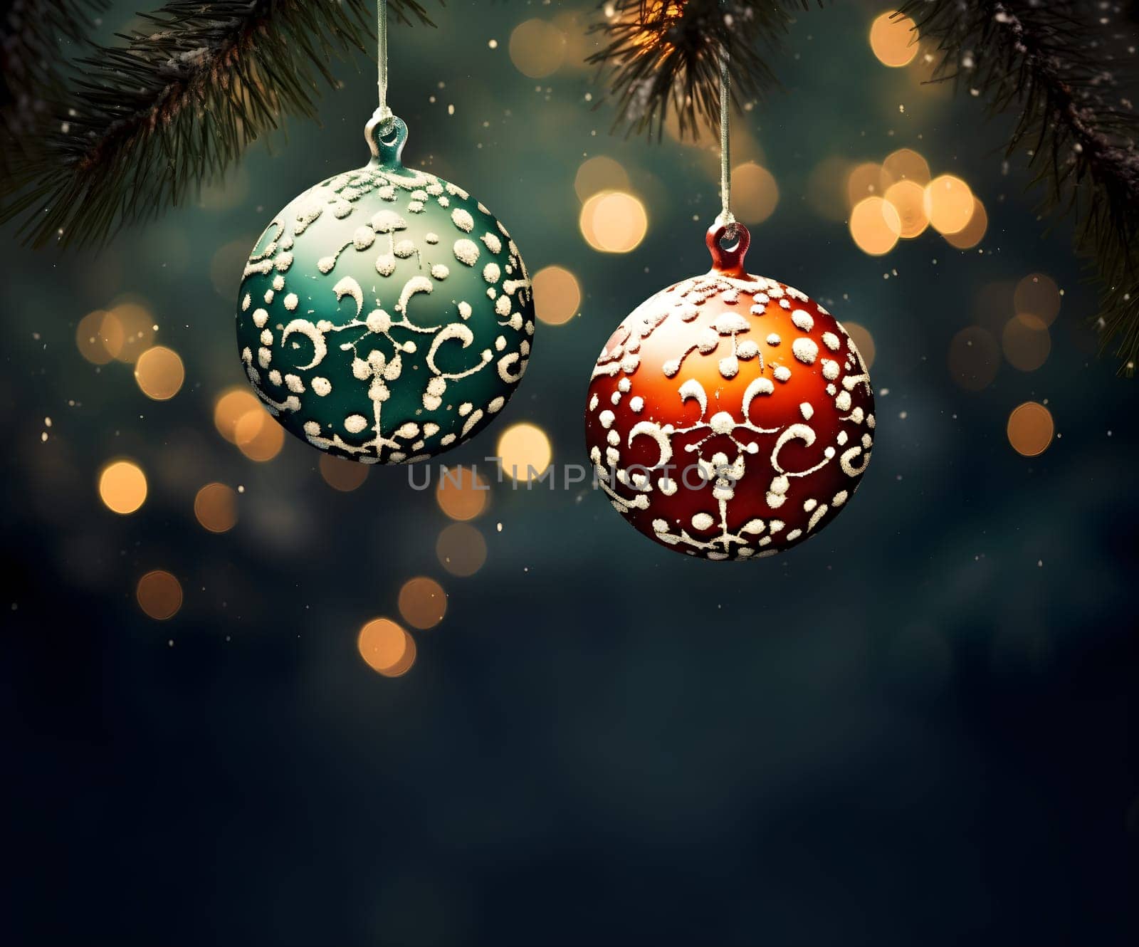 Amidst the twinkling outdoor lights, two delicate christmas tree ornaments, shaped like spheres, hang together in perfect harmony, representing the beauty and magic of the holiday season - generative AI
