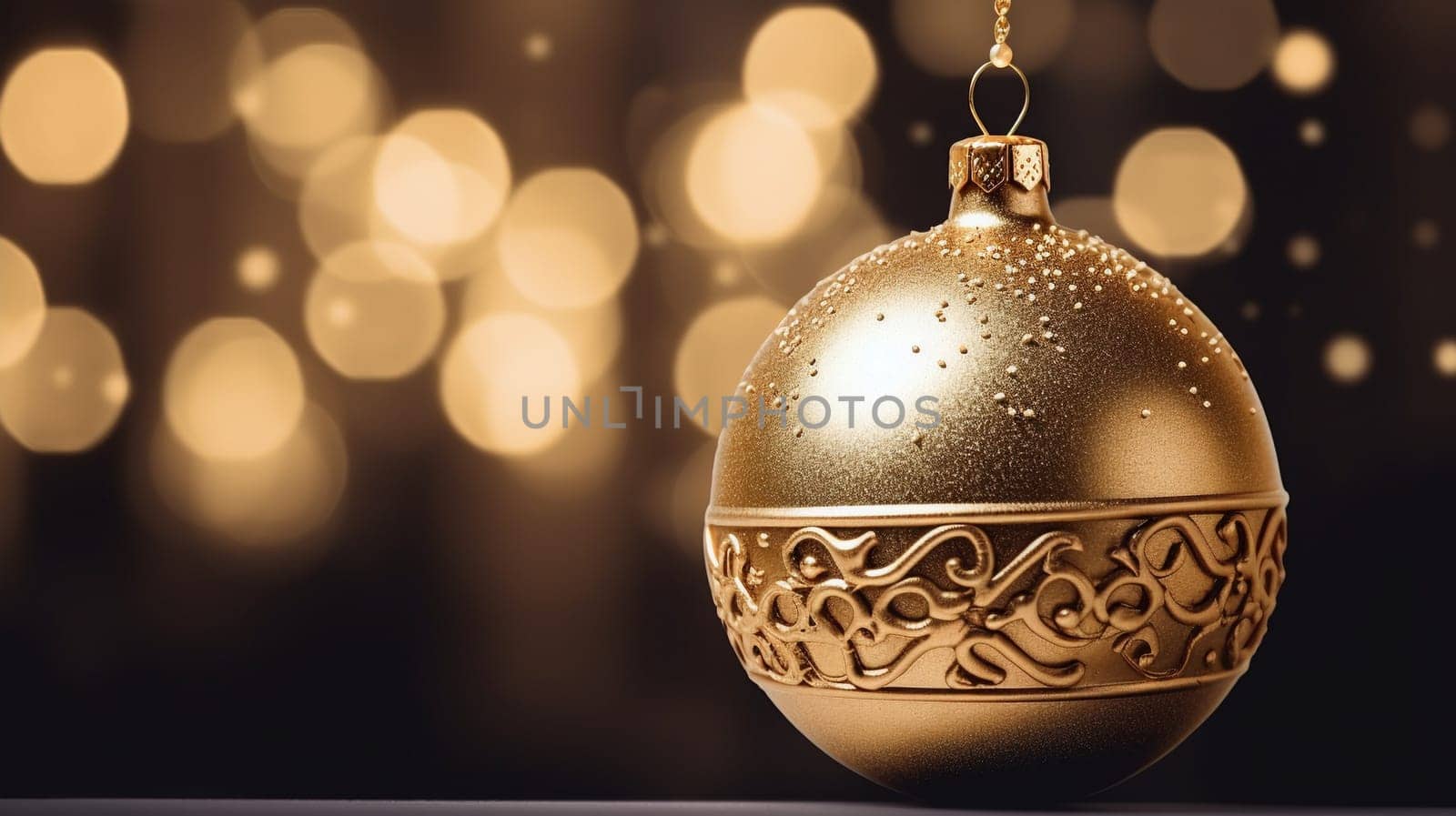 christmas ball gold ornament background with bokeh lights in the background - Generative AI by chrisroll