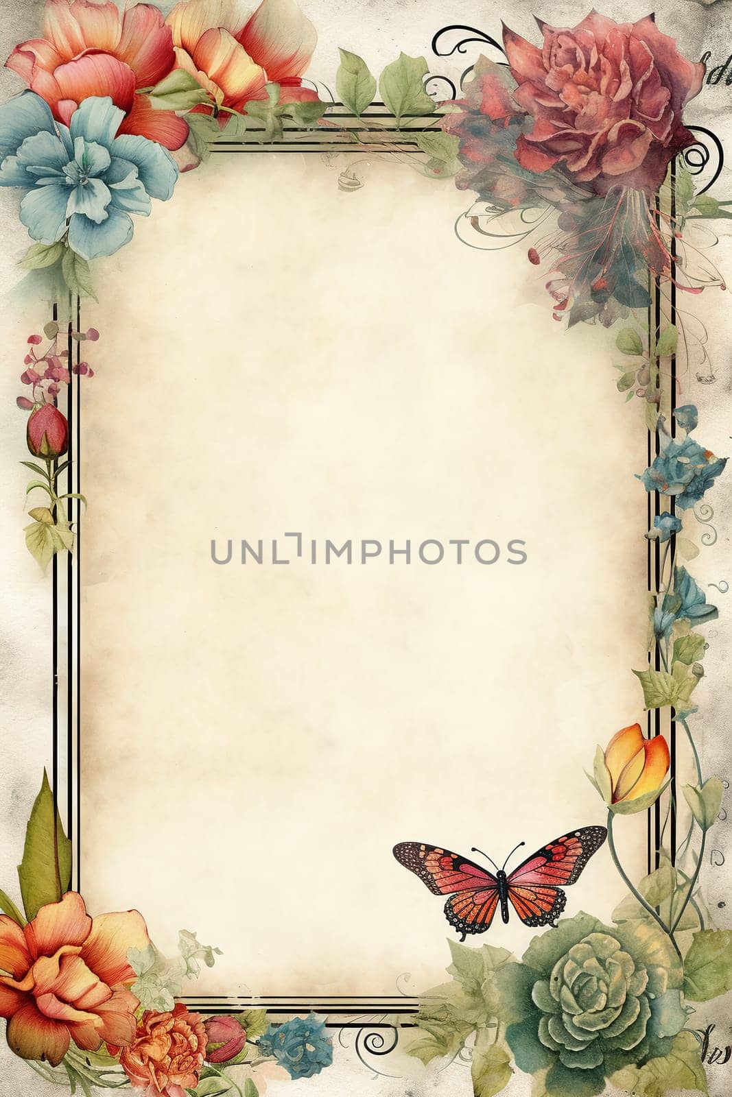 vintage antique old frame with flowers and butterfly - AI generative