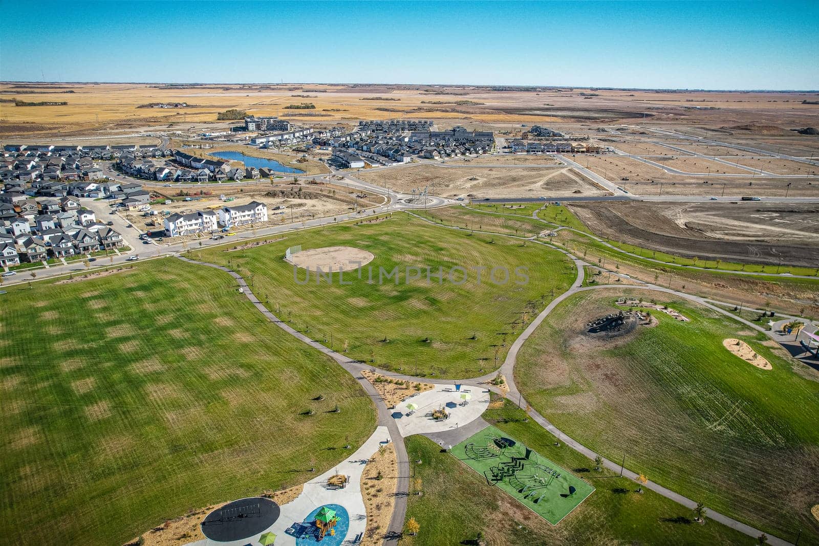 Aerial view of Brighton which is a neighbourhood in Saskatoon, Saskatchewan, and is the first of several communities planned for the Holmwood Suburban Development Area on the east side of the city.