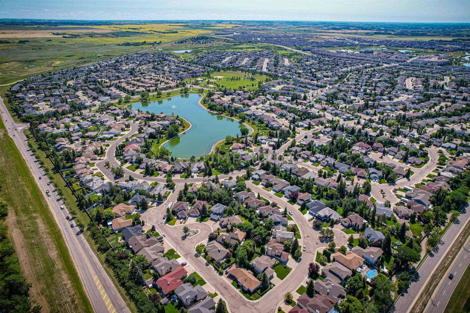 Aerial view of Briarwood which is a residential neighbourhood located in the southeast part of Saskatoon, Saskatchewan, Canada. The majority of its residents live in low-density, single detached dwellings.